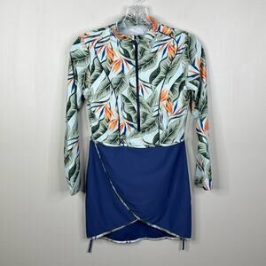 Women's Modest Full Sleeve Swim Top Floral Half-Zip Rash Guard Small NWOT